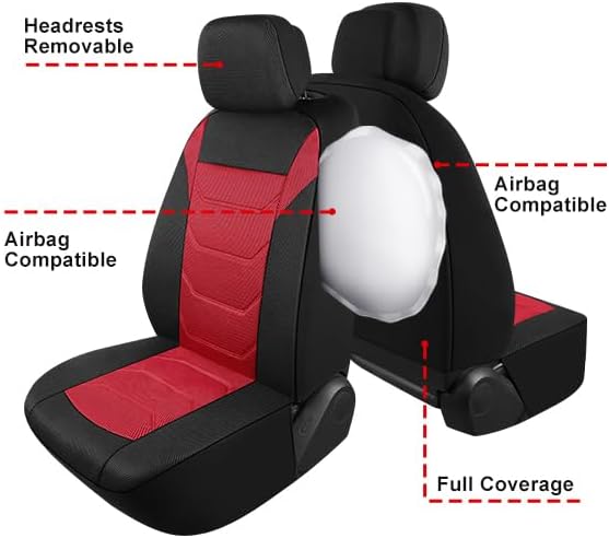 Pariiaotin 3D Air Mesh Car Seat Cover Front Sets Washable and Breathable Premium Cloth Automotive Vehicle Seat Covers for Cars Interior, Universal Fit for Most Cars, Sedan, Truck, SUV(Black/Red) - Image 6