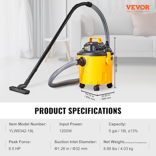 VEVOR 5 Gallon 6.0 Peak HP Wet and Dry Shop Vac, Portable Shop Vacuum and Blower 3-in-1 with Filter, Hose and Attachments for Home and Car Cleaning Black/Yellow - Image 7