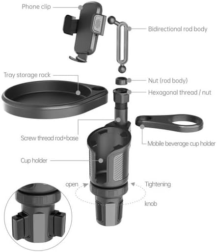 4-in-1 Car Cup Holder Expander with 360° Swivel Tray, Universal Adjustable Base for Large Mugs and Bottles, Integrated Smartphone Mount for Food and Snacks, Black - Image 8