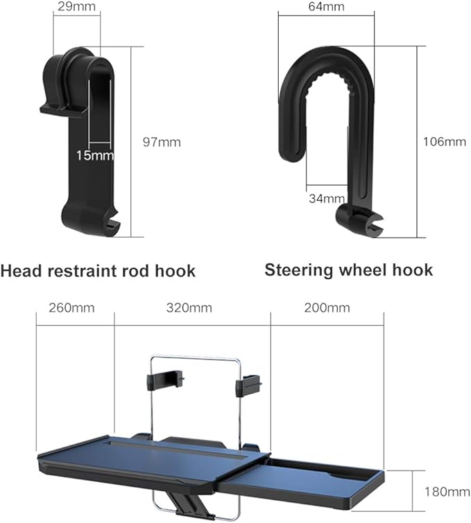2 in 1 Car Steering Wheel Tray / Back Seat Headrest Tray for Eating Food Drink and Writing Laptop Work, XERGUR Black Car Desk - Image 6