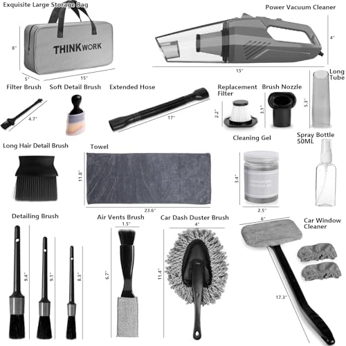 THINKWORK Car Cleaning Kit, Car Vacuum Kit, Gray Car Interior Detailing Kit with 8000PA High Power Vacuum, Including 7Pcs Detailing Brush Set and Bag - Image 7