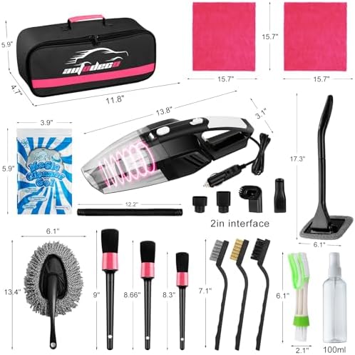 20Pcs Car Cleaning Wash Kit Interior Detailing Cleaner Kit with High Power Handheld Vacuum, Brush Set, Windshield Tool, Duster, Towels, Complete Car Care Tools, Pink - Image 7