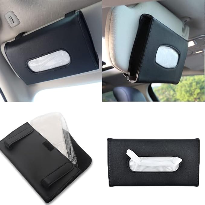 YVPSI Car Tissue Holder Sun Visor Napkin Holder with Tissue for Car (Black) | Refill Car Mask Holder PU Leather Tissue Box Tissue Box Holder Hanging Tissue Holder Mask Dispenser - Image 6