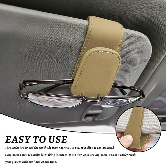 Sunglass Holder for Car, Car Sunglass Holder, Magnetic Leather Sunglasses Holder and Ticket Card Clip, Auto Multi-Functional Sun Visor Eyeglass Holders for SUV Pickup Truck (Beige) - Image 6