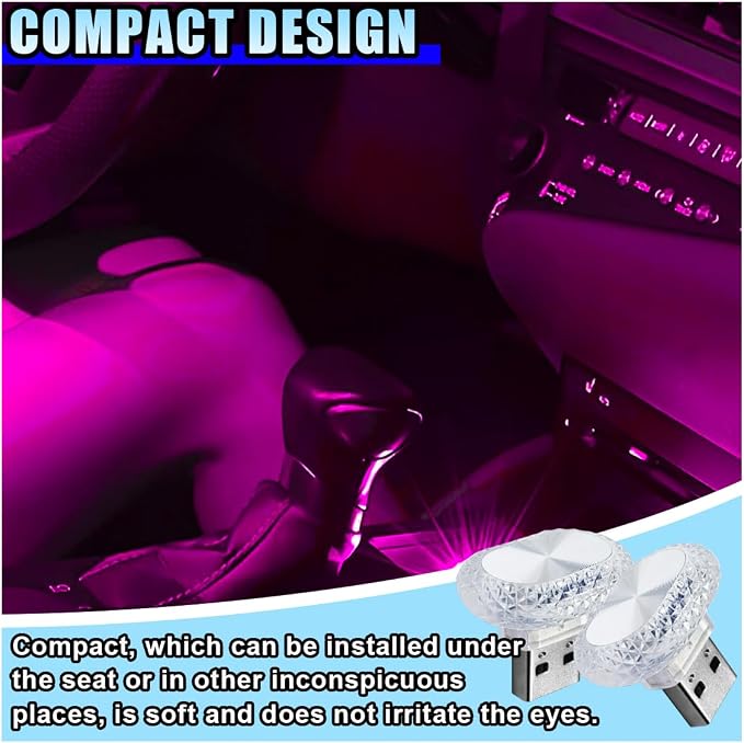 2PCS USB LED Car Interior Night Light, Crystal Mini Decoration Neno Ambient Light Car Interior Atmosphere Lamp, Plug-in USB Interface Auto Trunk Ambient Lighting Kit Universal for Cars (Pink/Purple) - Image 6