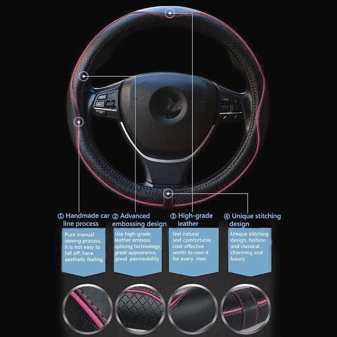 Car Steering Wheel Cover, Anti-Slip, Safety, Soft, Breathable, Heavy Duty, Thick, Full Surround, Sports Style (Black with Pink Line) - Image 6