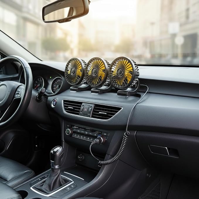 12V Car Fan Triple Head Electric Auto Fan - Powerful Dashboard Air Circulator with Cigarette Lighter Plug - 3 Speed 360° Rotatable Cooling Fan for Sedan SUV Van RV (Cigarette Lighter Plug-12V-Triple) - Image 4