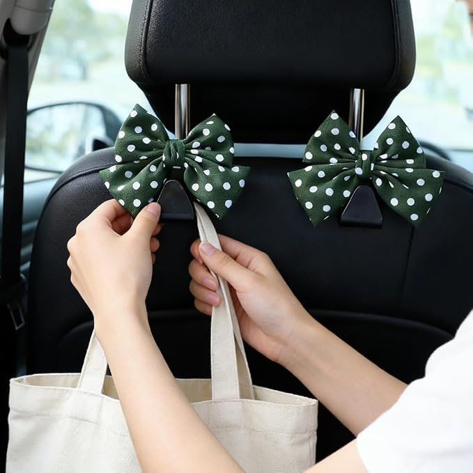 2PCS Car Seat Headrest Hooks, Car Purse Hook, Cute Bow Knot Vehicle Seatback Hanging Storage Organizer, Auto Seatback Decor Organizer Hanger for SUV Truck (Green/Polka Dot) - Image 6