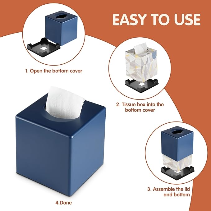 Y-in Hand Tissue Box Cover, Square Facial Cube Tissue Box Holder, Storage Accessories for Bathroom Vanity, Bedroom Countertops, Dressers, Night Stand, Parlors and Offices - Navy Blue - Image 7