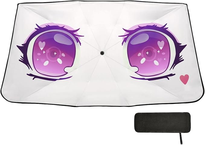 Purple Anime Kawaii Eyes Windshield Sun Shade Umbrella Foldable Car Front Window Sunshade Blocks UV Rays Heat Keep Vehicle Cool (55" x 27.5") - Image 6