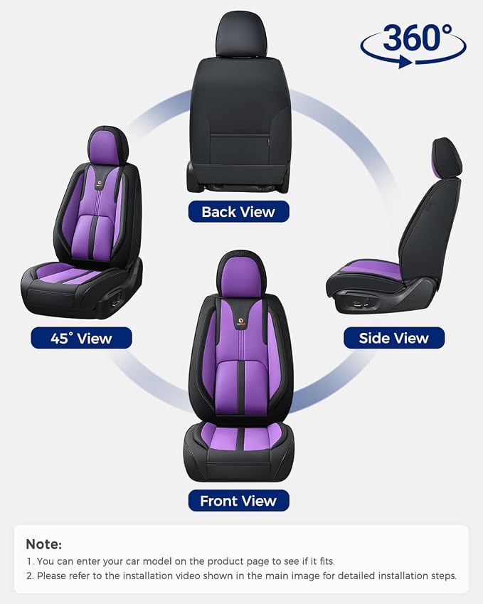 Huidasource Front Car Seat Cover Luxury Nappa Leather, Leather Front Seat Covers with Airbag, Front Storage Pocket, Lumbar Support, Cooling&Heating Universal Fit for Most Cars SUV Trucks, Black&Purple - Image 9