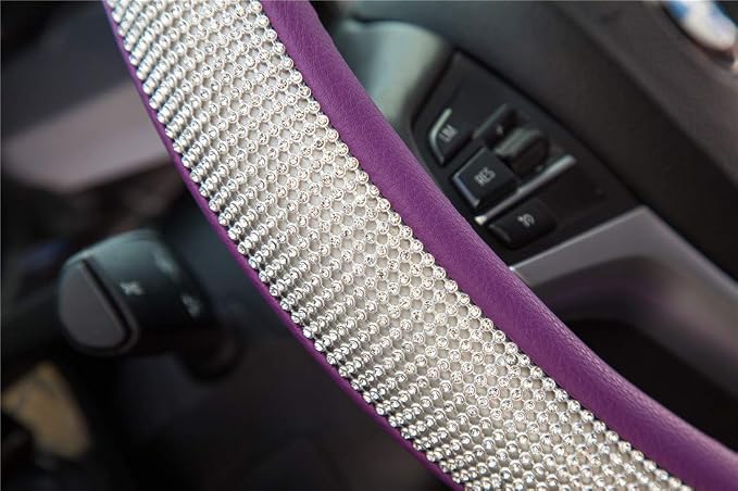 New Diamond Leather Steering Wheel Cover with Bling Crystal Rhinestones | Universal Fit 15 Inch Car Wheel Protector for Women Girls Purple - Image 10