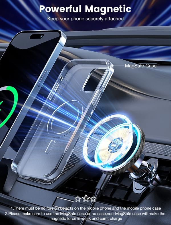 for Magsafe Car Mount Charger 15W LED RGB Car Phone Holder for Dash Vent | HandsFree Magnetic Wireless Car Charger Car Mount Fast Car Charger for iPhone 17 16 15/14/13/12 Series Carbon Fiber - Image 6