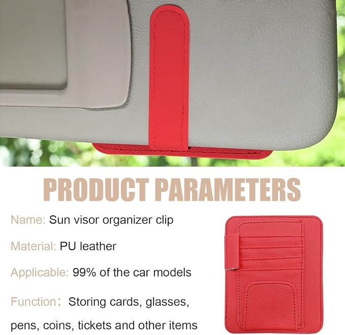 Augeny 2 PCS Car Sun Visor Organizer, Small Auto Visor Organizer and Storage, Registration and Document Holder for Sunglasses, Card, Pen, Driver License, Car Accessories (Red) - Image 6