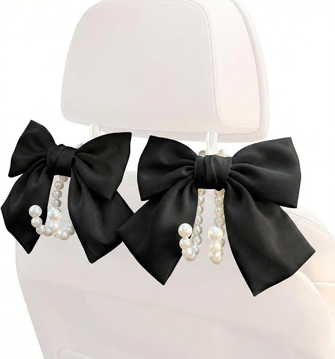 2PCS Satin Bow Pearl Car Seat Headrest Hooks – Car Bag Holder & Vehicle Hanger for Purses – Cute Coquette Aesthetic Interior Decoration – Cute Auto Organizer Accessories Universal (Black) - Image 9