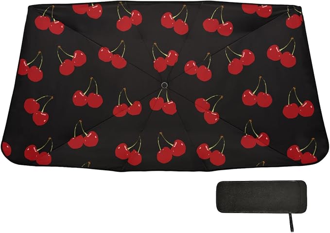 Red Cherry Windshield Sun Shade Umbrella Black Foldable Car Front Window Sunshade Blocks UV Rays Heat Keep Vehicle Cool (55" x 27.5") - Image 6