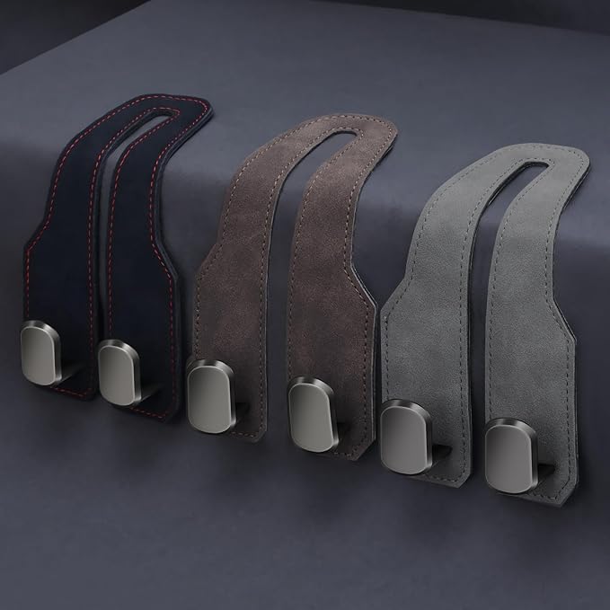 Car Purse Hook, Car Seat Headrest Hooks, Grey Leather 4 Pack | Car Purse Holder Hooks, Universal Car Hangers Seat Back Organizer Storage, Double Metal Hooks for Grocery Purses and Bags - Image 7