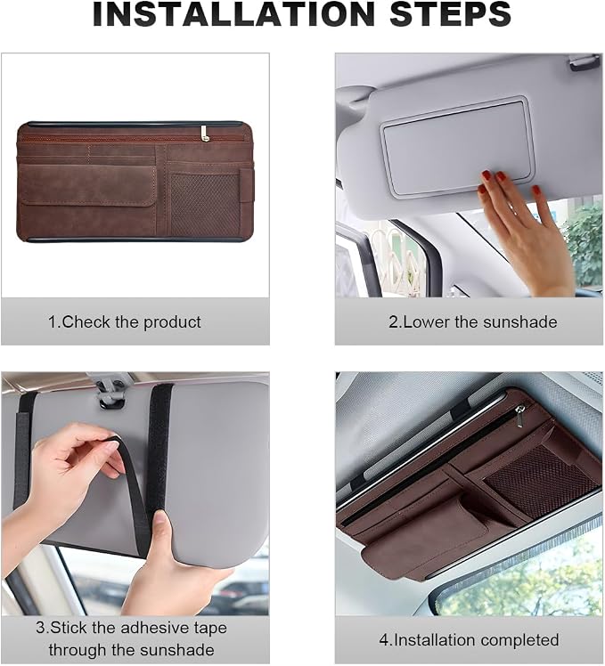 Car Sun Visor Organizer, Leather Sun Visor Pocket Organizer Case with Multi-Pocket Net Zipper, Suede Note Holder Car Visor Storage Pouch for Card Pen Sunglasses Document (Brown) - Image 6