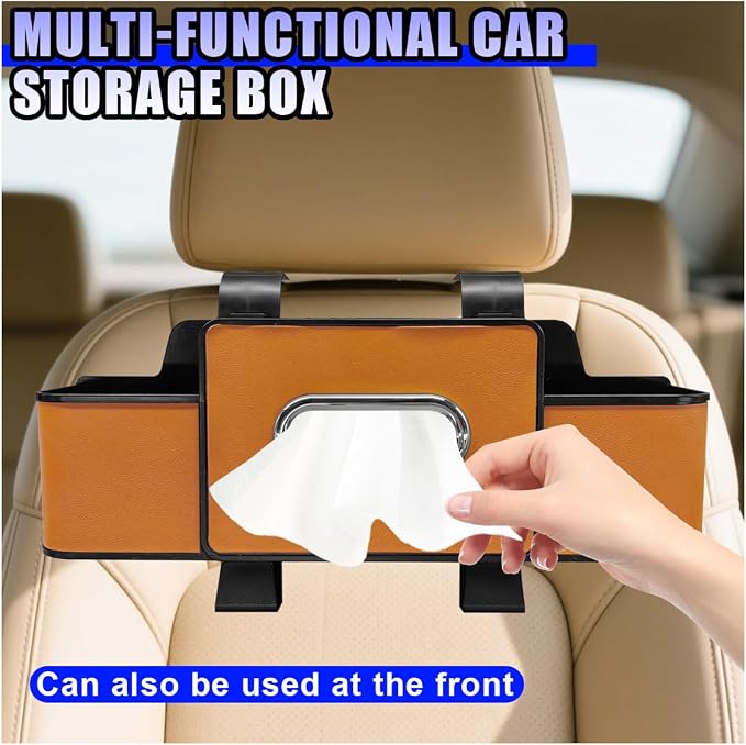 YoRise Multifunctional Car Back Seat Organizer, Leather Automotive Headrest Phone & Tissue & Cup Holder with Hooks, Family Travel Vehicle Backseat Storage Box for Drink, Snack, Handbag (Orange) - Image 6