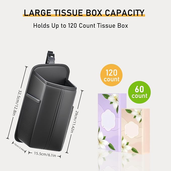 Tumecos Rectangle Car Tissue Box Holder,Car Storage Organizer for Front and Back Seat,Side Mount Hanging Bags with 2 Mesh Pockets,Waterproof Side Organizer,Napkin Cover - Image 6