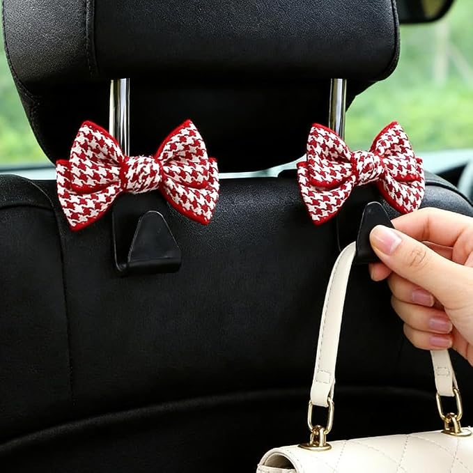 2PCS Car Seat Headrest Hooks, Car Purse Hook, Cute Bow Knot Vehicle Seatback Hanging Storage Organizer, Auto Seatback Decor Organizer Hanger for SUV Truck (Small Houndstooth/Red) - Image 6