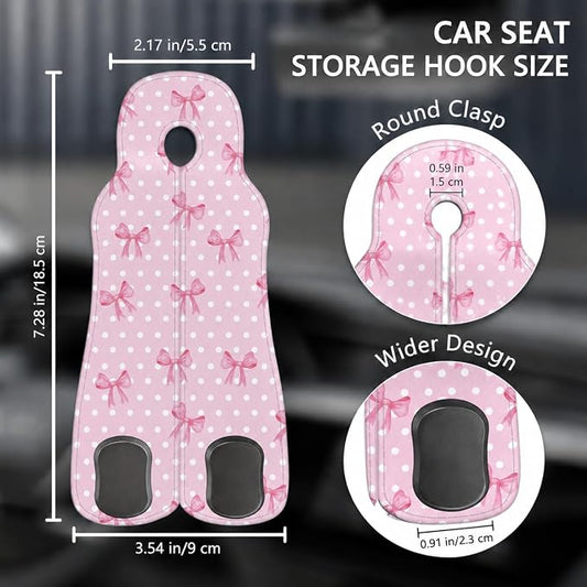Cute Pink Bow Car Seat Back Storage Headrest Hooks for Purses & Bags – 2PCS PU Leather Dual Metal Hooks, Backseat Organizer Accessories - Image 2