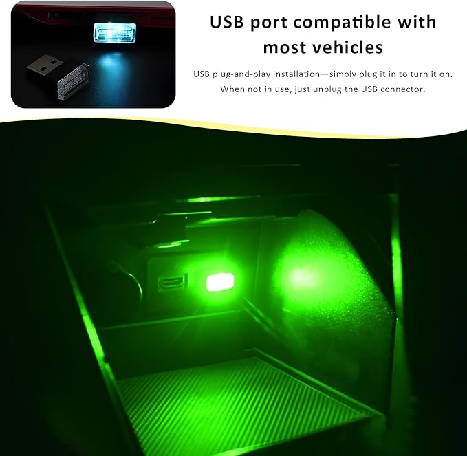 4PCS USB LED Car Interior Atmosphere Lamp, Plug-in USB Interface LED Night Lighting Decoration, Mini Portable Ambient Lights Kit Universal Interior Accessories for Most Cars (Green) - Image 6