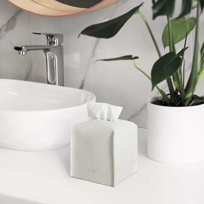Carrotez Tissue Box Cover, Refined Modern PU Leather Square Holder - Decorative Holder/Organizer for Bathroom Vanity Countertop, Night Stands, Office Desk & Car 5"X5"X5" White (Pack of 3) - Image 8