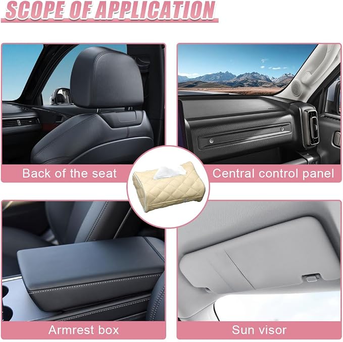 Car Tissue Holder, Soft PU Leather Auto Backseat Napkin Holder, Rectangle Hanging Tissue Box for 100-150 Standard Tissues, Universal Car Interior Storage & Organization Accessories (Beige) - Image 6