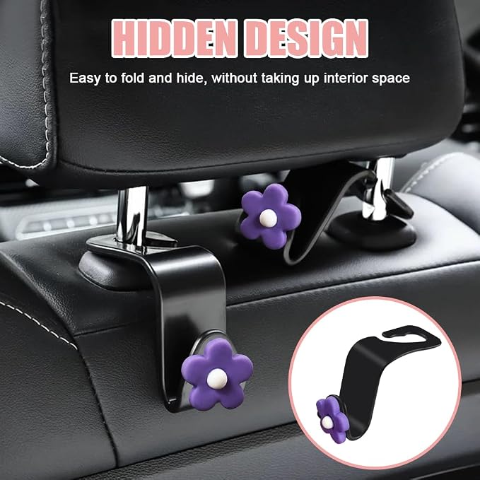 Car Headrest Hooks, Cute Flower Vehicle Seat Organizer Hooks for Purses and Bags, Portable Automotive Purse Hanger Holder Decoration, Universal Car Accessories for SUV, Sedan, Truck (Purple) - Image 7