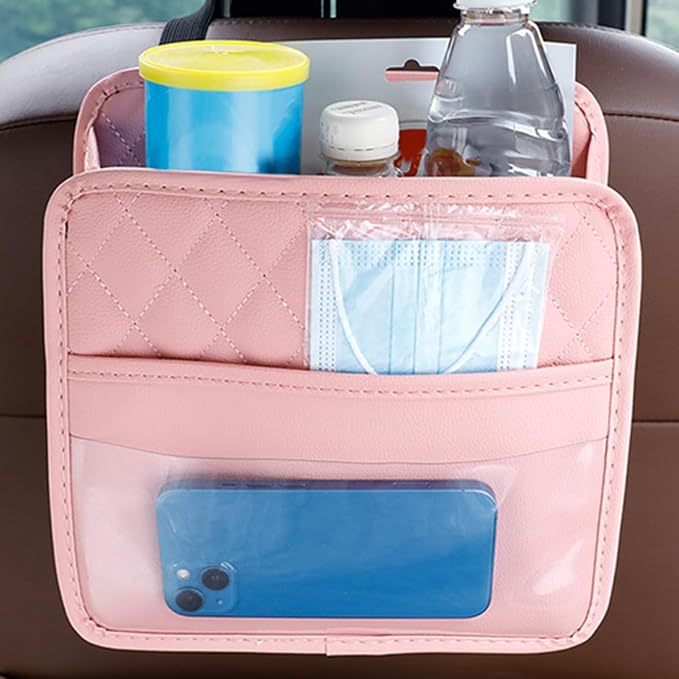 Mandark PU Leather Car Seat Back Organizer, Pink | Three-pocket layout with clear panel, elastic strap installation, fits most cars, SUVs, and trucks, car interior accessories - Image 6