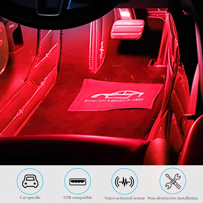 Car Interior LED Lights, 4 in 1 Bright Vehicle Ambient Neon Light Kit with DC 5V USB Port, Automotive Under Dash Decoration Night Lamp, Universal for RV, Truck, Sedan (Red) - Image 6