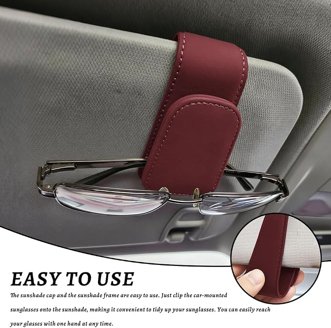 Sunglass Holder for Car, Car Sunglass Holder, Magnetic Leather Sunglasses Holder and Ticket Card Clip, Auto Multi-Functional Sun Visor Eyeglass Holders for SUV Pickup Truck (Wine Red) - Image 6