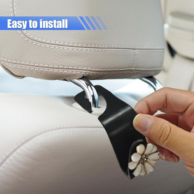 Craedli 2PCS Bling Car Seat Headrest Hook, Cute Rhinestone Flower Seat Back Storage Organizer Hanger Car Purse and Bag Hooks Holder, Universal Interior Accessories for Handbag Grocery Bag Coat (White) - Image 6