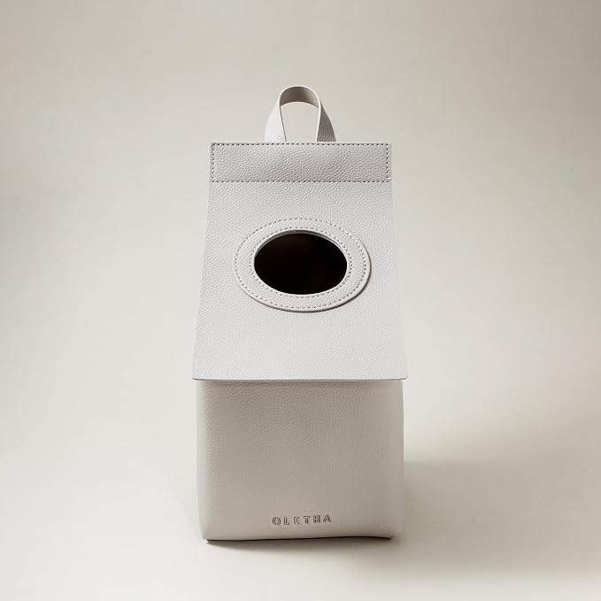 OLETHA Hanging Tissue Box Cover for Kleenex Cube Boxes, Light Taupe | Aesthetic faux leather tissue box holder hangs or stands freely; also fits Puffs; ideal for RV, camping & bath - Image 6