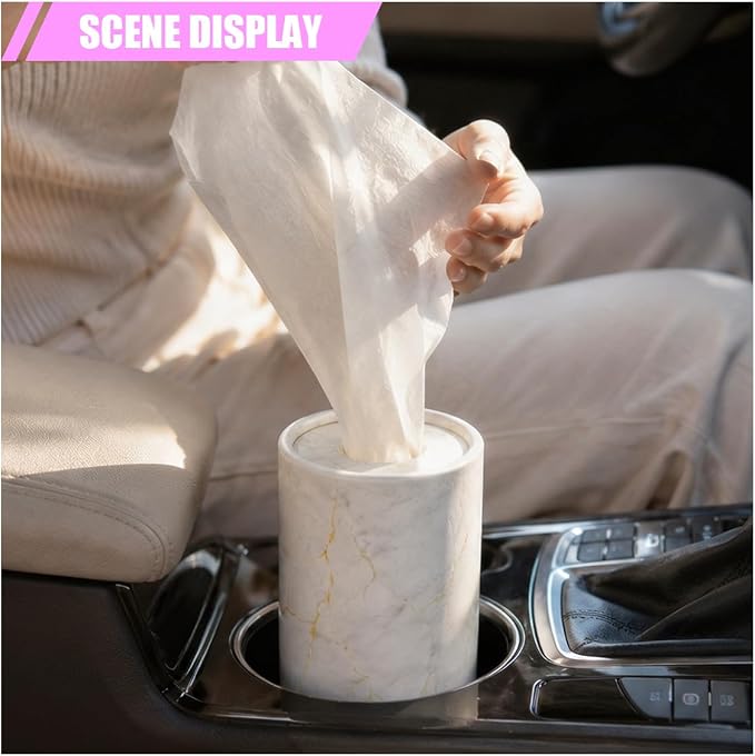 2PCS Car Tissue Holder, Round Car Cup Holder Tissue Cylinder, White | Portable Travel Tubes Box Container for Facial Tissues, Marble Texture Auto Storage Organizer Accessories for Car Home Office - Image 6