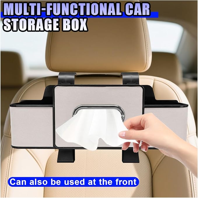 YoRise Multifunctional Car Back Seat Organizer, Leather Automotive Headrest Phone & Tissue & Cup Holder with Hooks, Family Travel Vehicle Backseat Storage Box for Drink, Snack, Handbag (White) - Image 6