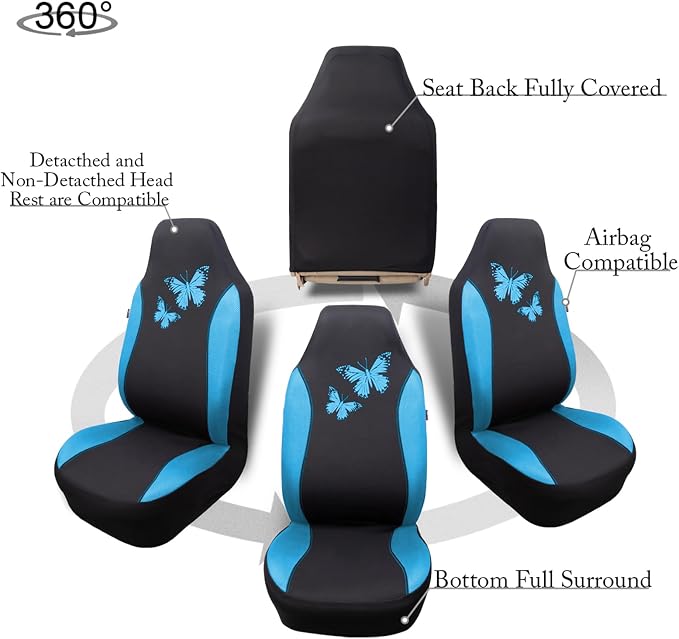 Flying Banner Butterfly car seat Covers ful Set Fashion Universal Lady Woman Female Rear Bench Split Colorized (2 Fronts, Mint Blue) - Image 9