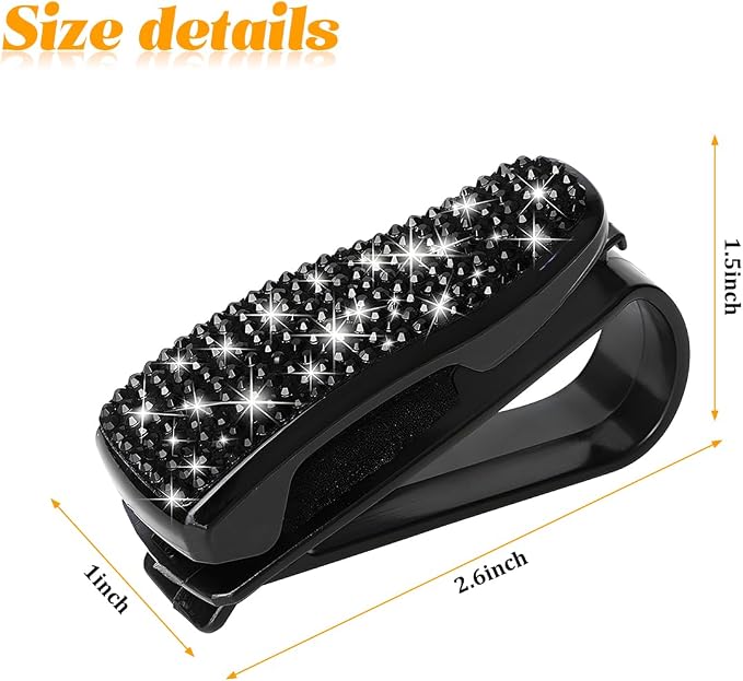 HZEL 2PCS Bling Sunglasses Holder for Car Visor, Crystal Rhinestone Sun Visor Eyeglasses and Ticket Card Mount Clip, Shiny Diamond Auto Glasses Hanger Holder, Universal for Vehicles (Black) - Image 2