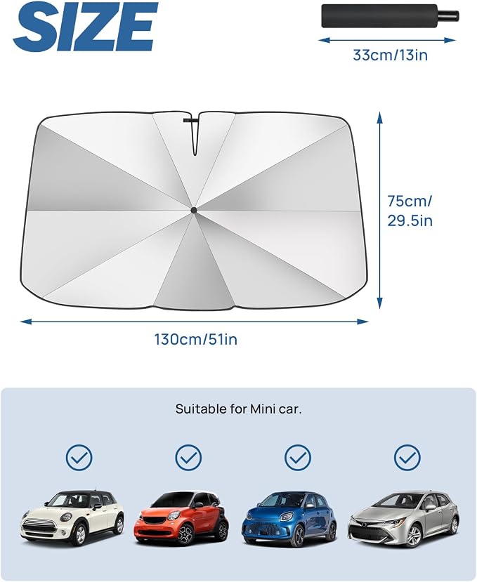 JOYTUTUS Windshield Sun Shade Umbrella, Upgraded 360° Rotation Bendable Shaft Handle, Foldable for Mini Car/Hatchback, Automotive Interior Sun Protection, UV Rays Block, 51''x 29'' - Image 6