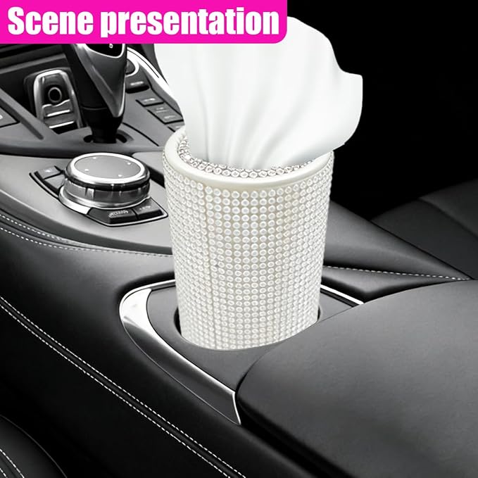 Craedli Bling Car Tissue Holder for Cup Holder, Sparkly Crystal Rhinestone Round Cylinder Car Tissue Box, Refillable Tissues Dispenser Auto Interior Paper Napkin Container with 1 Pack Tissues (White) - Image 6