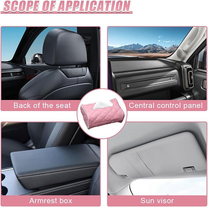 Car Tissue Holder, Soft PU Leather Auto Backseat Napkin Holder, Rectangle Hanging Tissue Box for 100-150 Standard Tissues, Universal Car Interior Storage & Organization Accessories (Pink) - Image 6