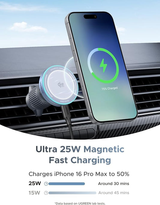 UGREEN MagFlow 25W Qi2.2 MagSafe Compatible Wireless Car Charger Mount | Air Vent Clip and Fast Power, 360°Adjustable Car Phone Holder for iPhone 17-12 Series and More, Includes USB-C Cable - Image 2