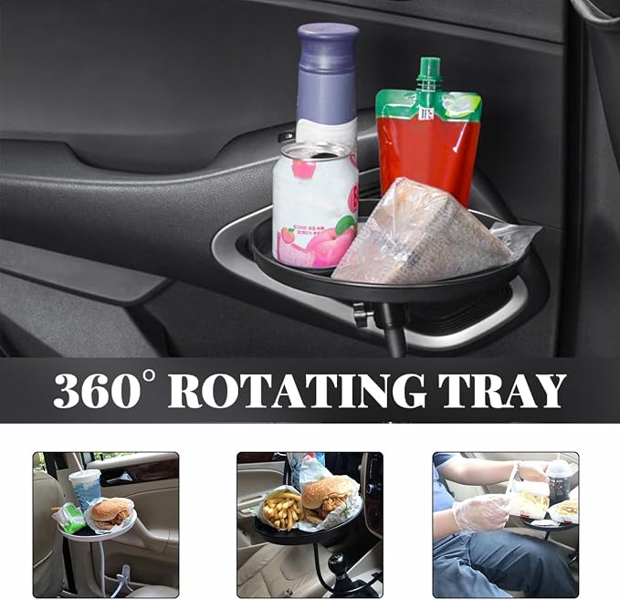 povtii Car Adjustable Food Tray, 360° Swivel Car Food Tray 8.7 Inch Diameter Storage Tray, Non-Slip Clip Type Snack Tray Swivel Dining Table for Vehicles, Interior Car Accessories (White) - Image 6