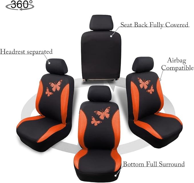 Flying Banner Butterfly car seat Covers ful Set Fashion Universal Lady Woman Female Rear Bench Split Colorized (Full Set, Orange) - Image 9