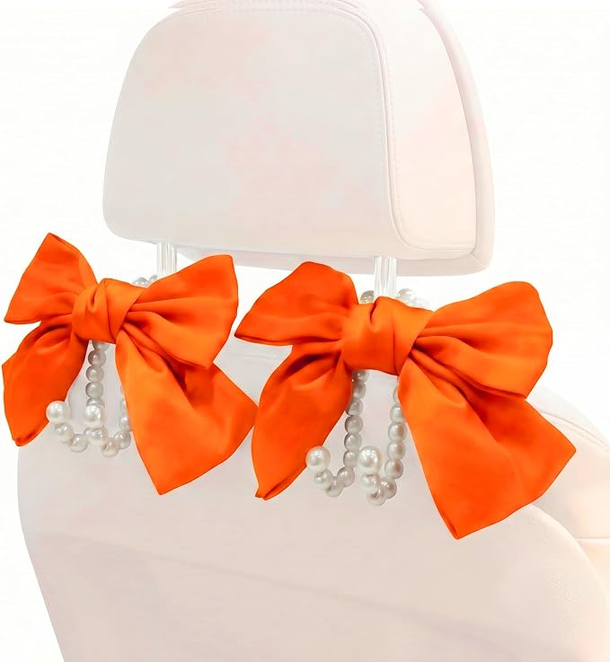 2PCS Satin Bow Pearl Car Seat Headrest Hooks – Car Bag Holder & Vehicle Hanger for Purses – Cute Coquette Aesthetic Interior Decoration – Cute Auto Organizer Accessories Universal (Orange) - Image 9