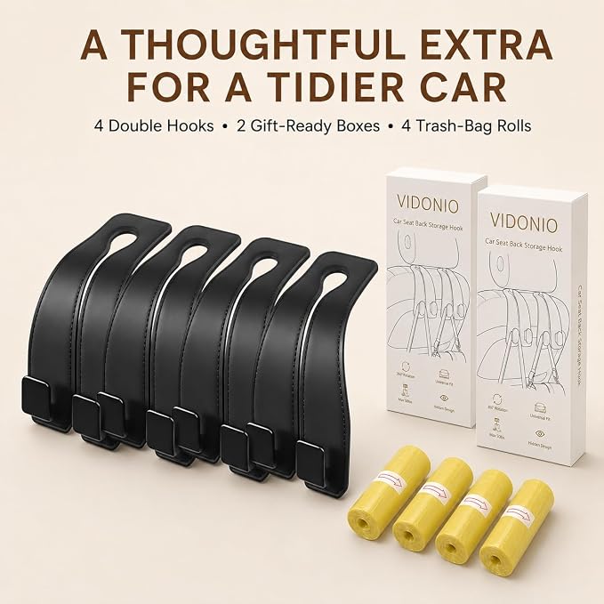 vidonio Car Headrest Hooks, 4 Pack 360° Rotating Double Hooks with Leather-Wrapped Metal Core, Heavy Duty Seat Back Purse Holder for Handbags, Grocery Bags and Backpacks, Black - Image 9
