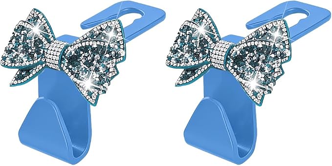 Zpana Bling Car Headreat Hook, 2PCS Crystal Rhinestone Cute Bow Vehicle Seat Back Hanger Storage for Purses Bags Grocery, Diamond Auto Rear Seat Organizer, Universal for SUV Truck Sedan (Light Blue) | PVC construction, rhinestone bow design, compact re... - Image 7