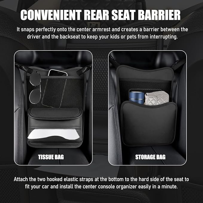 Car Organizer Storage Between Seats, Nappa Leather Front Seat Storage Bag with Tissue Holder, Automotive Console Hanging Net Pocket Handbag Holder for Phone Document (Black) - Image 6
