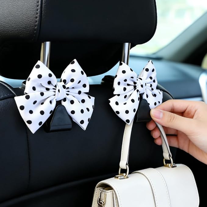 2PCS Car Seat Headrest Hooks, Car Purse Hook, Cute Bow Knot Vehicle Seatback Hanging Storage Organizer, Auto Seatback Decor Organizer Hanger for SUV Truck (White/Polka Dot) - Image 6